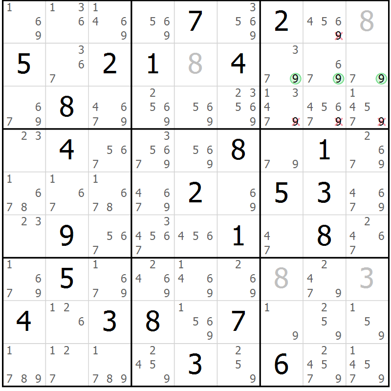 Position des candidats pour la solution de la Gr 69 page 72 du magazine de sudoku Maestro n° 094