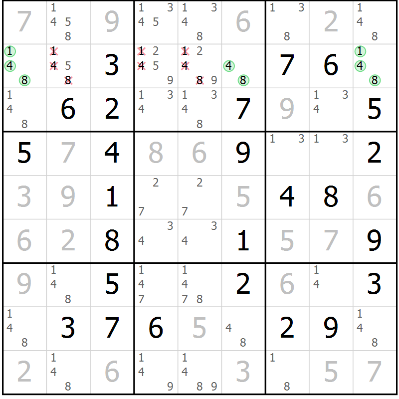 Position des candidats pour la solution de la Gr 7 page 10 du magazine de sudoku Maestro n° 094