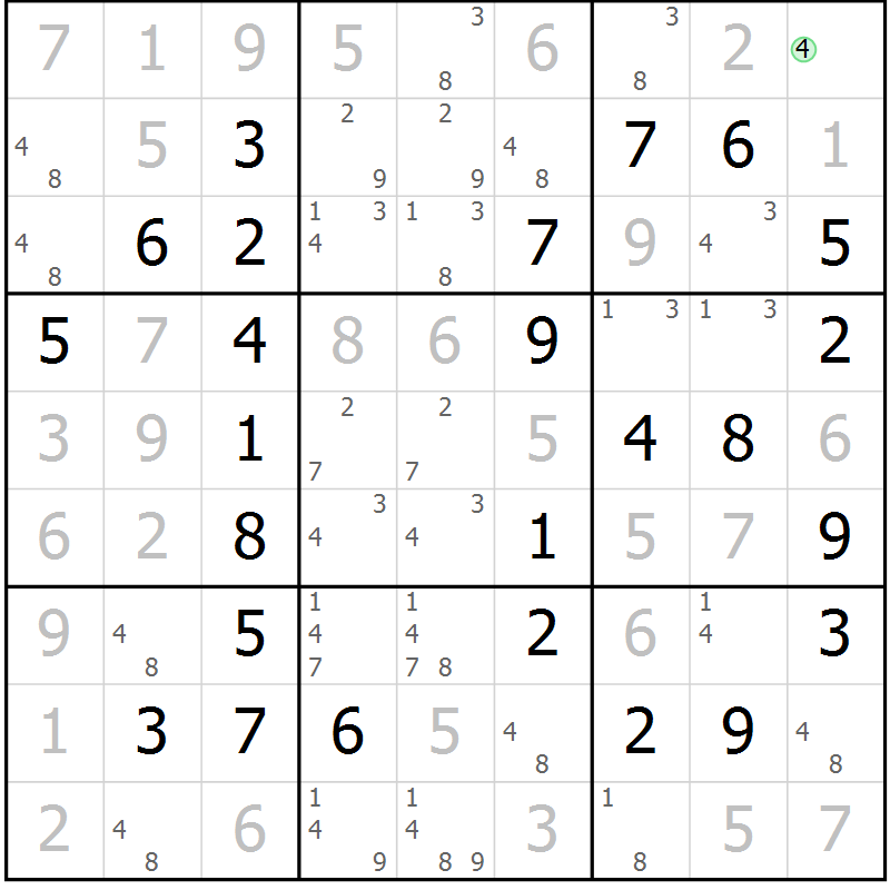 Position des candidats pour la solution de la Gr 7 page 10 du magazine de sudoku Maestro n° 094