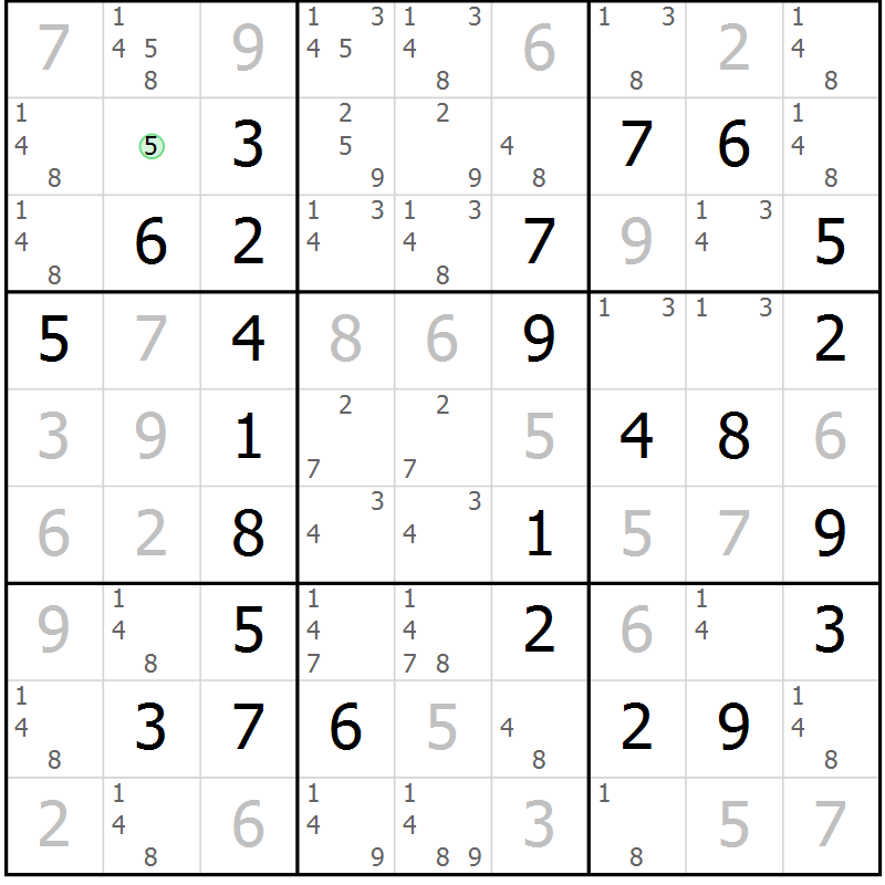 Position des candidats pour la solution de la Gr 7 page 10 du magazine de sudoku Maestro n° 094