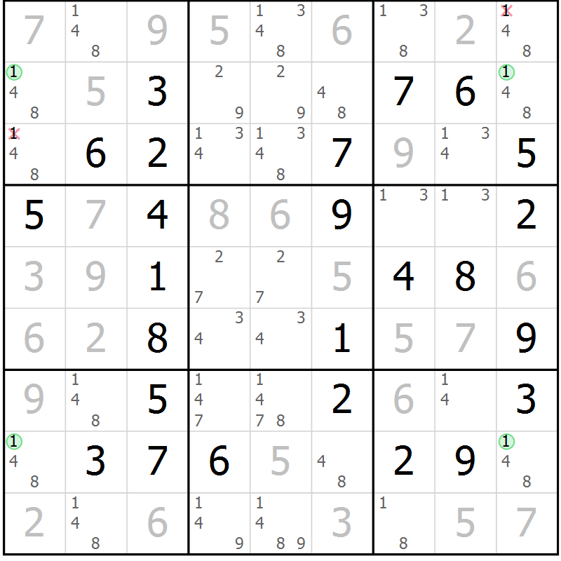 Position des candidats pour la solution de la Gr 7 page 10 du magazine de sudoku Maestro n° 094