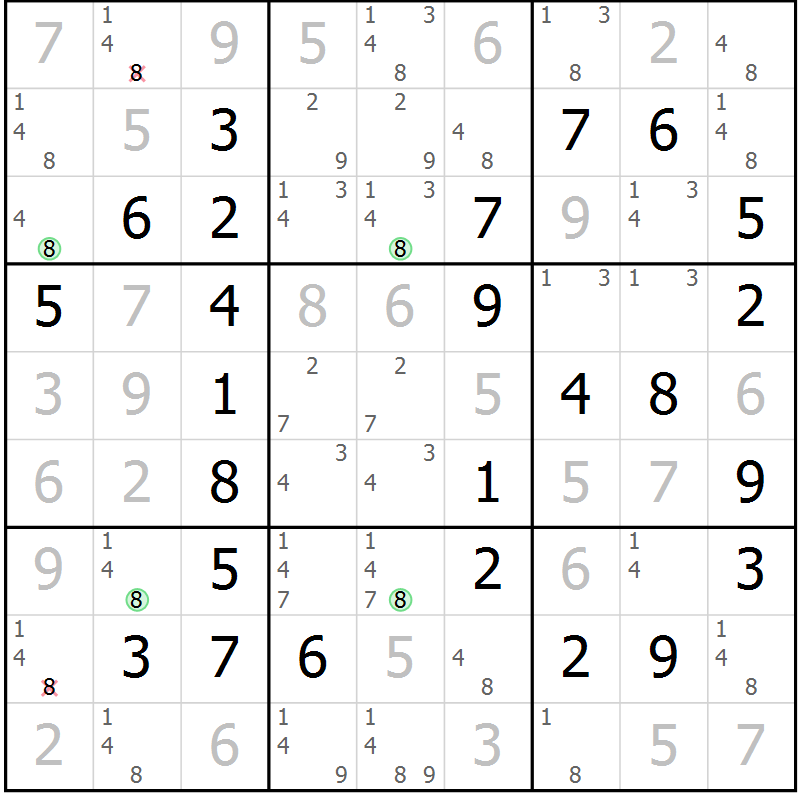 Position des candidats pour la solution de la Gr 7 page 10 du magazine de sudoku Maestro n° 094