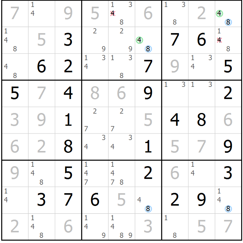 Position des candidats pour la solution de la Gr 7 page 10 du magazine de sudoku Maestro n° 094