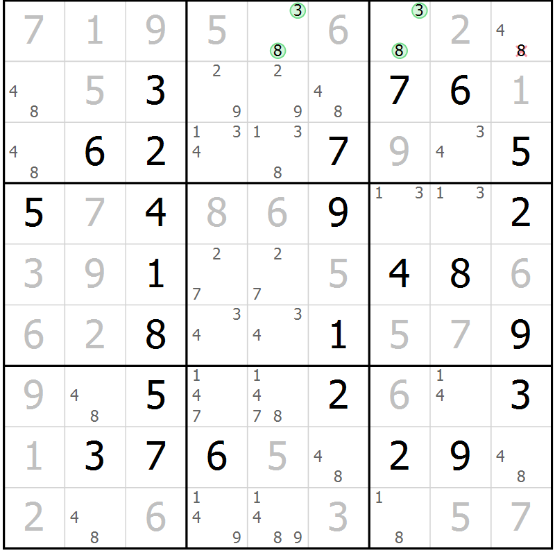Position des candidats pour la solution de la Gr 7 page 10 du magazine de sudoku Maestro n° 094