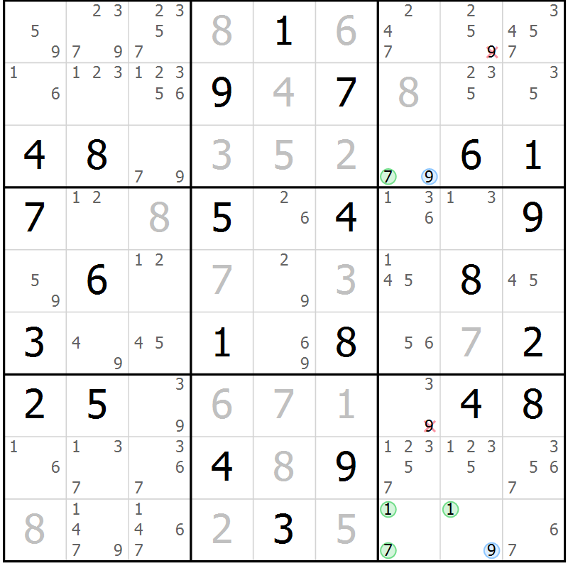 Position des candidats pour la solution de la Gr 70 page 73 du magazine de sudoku Maestro n° 094