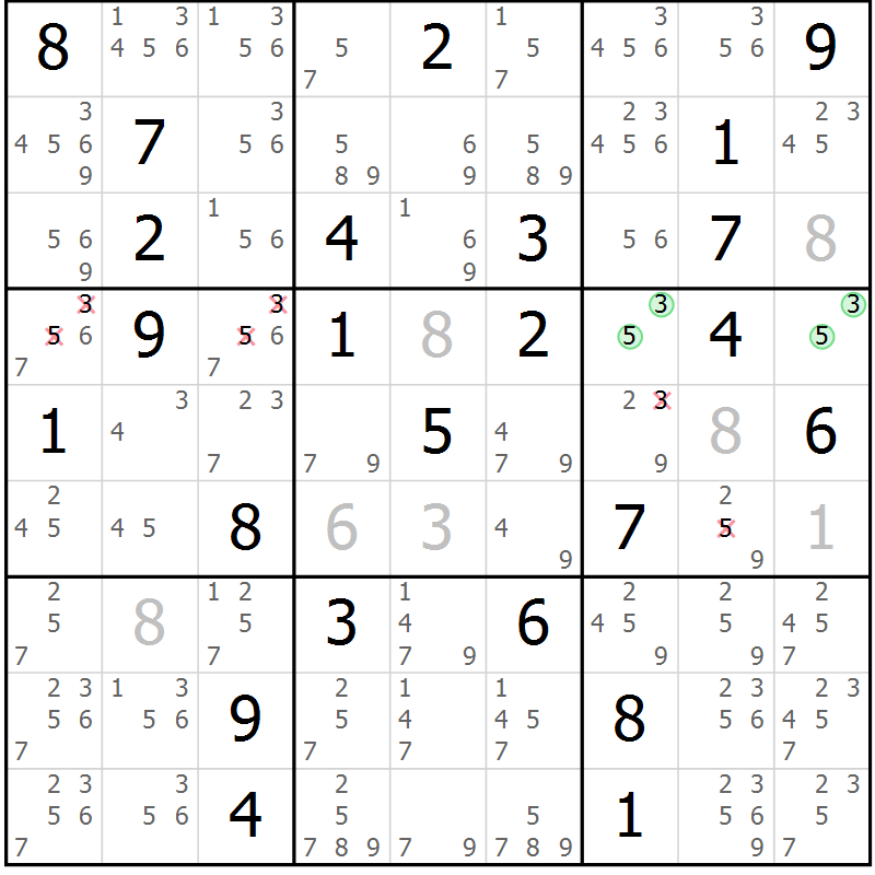 Position des candidats pour la solution de la Gr 72 page 75 du magazine de sudoku Maestro n° 094