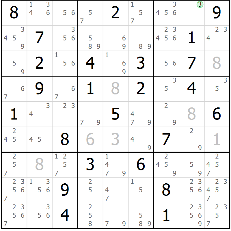 Position des candidats pour la solution de la Gr 72 page 75 du magazine de sudoku Maestro n° 094