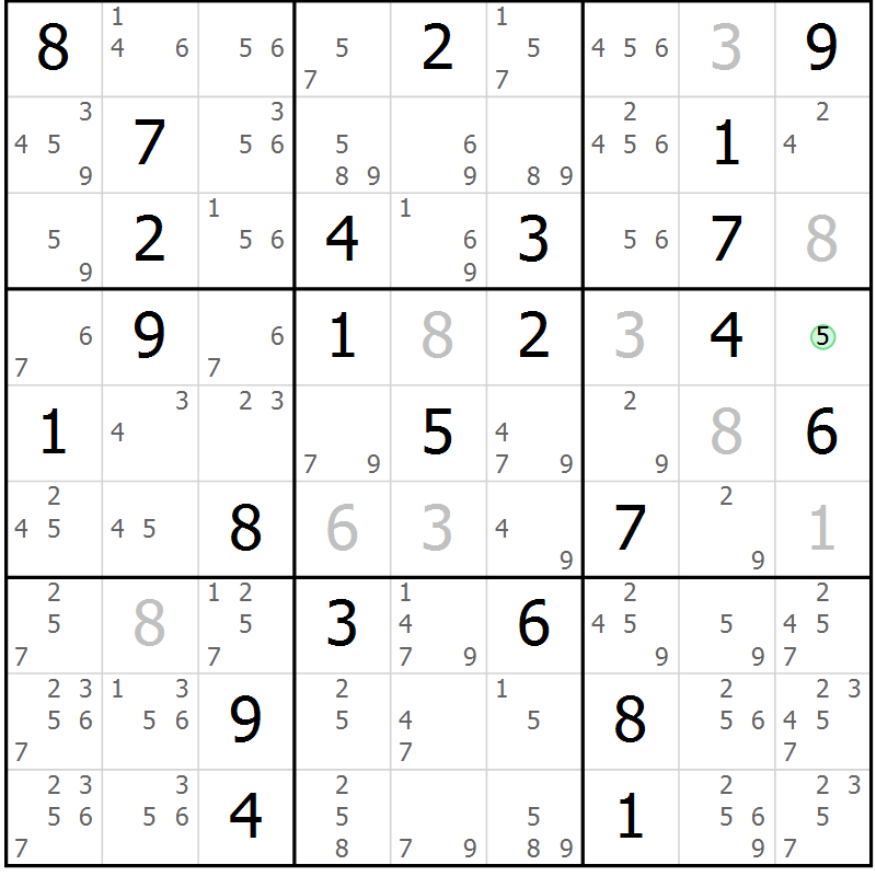 Position des candidats pour la solution de la Gr 72 page 75 du magazine de sudoku Maestro n° 094