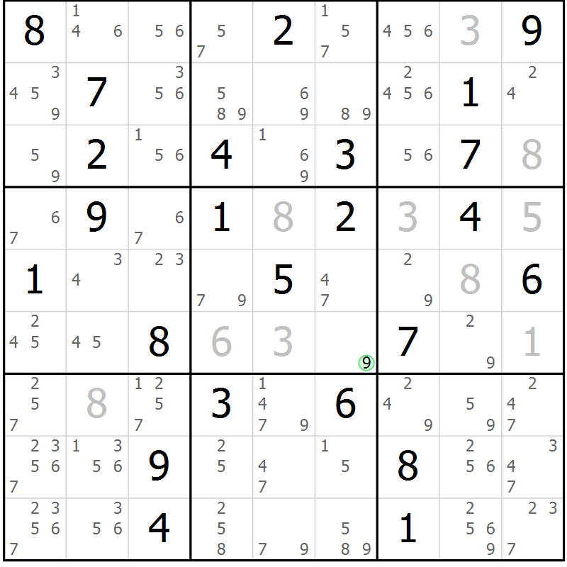 Position des candidats pour la solution de la Gr 72 page 75 du magazine de sudoku Maestro n° 094