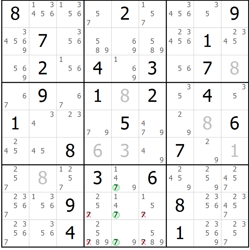 Position des candidats pour la solution de la Gr 72 page 75 du magazine de sudoku Maestro n° 094