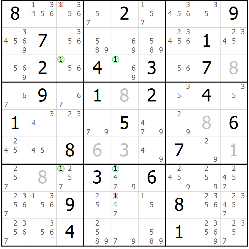 Position des candidats pour la solution de la Gr 72 page 75 du magazine de sudoku Maestro n° 094