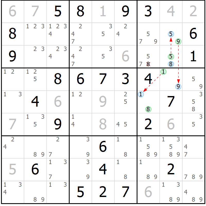 Position des candidats pour la solution de la Gr 73 page 76 du magazine de sudoku Maestro n° 094