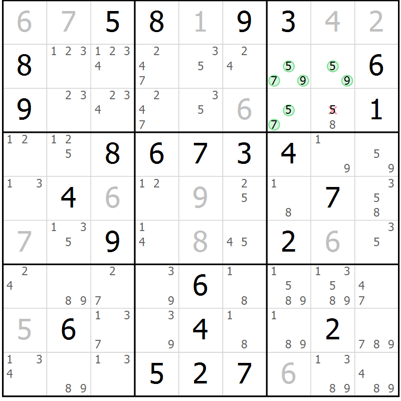Position des candidats pour la solution de la Gr 73 page 76 du magazine de sudoku Maestro n° 094