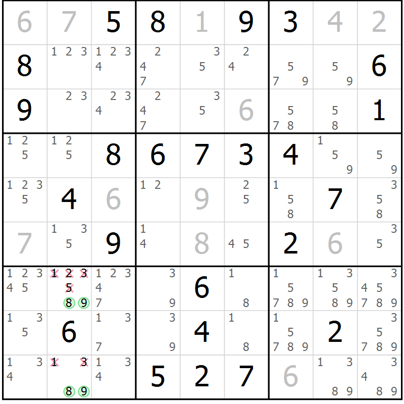 Position des candidats pour la solution de la Gr 73 page 76 du magazine de sudoku Maestro n° 094