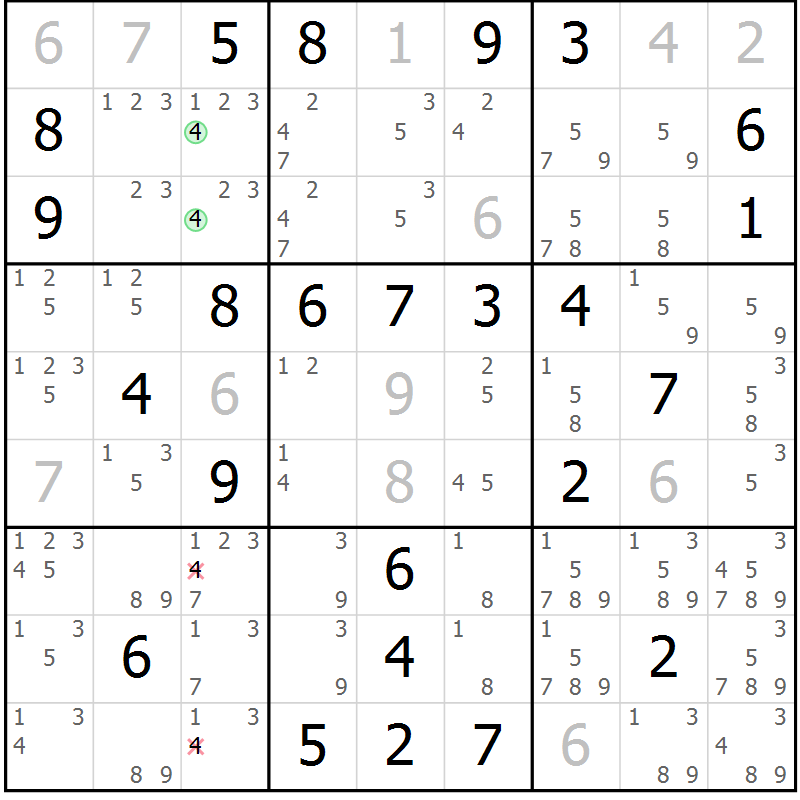 Position des candidats pour la solution de la Gr 73 page 76 du magazine de sudoku Maestro n° 094