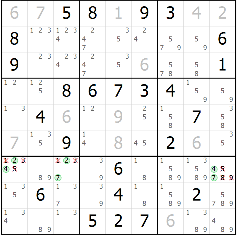 Position des candidats pour la solution de la Gr 73 page 76 du magazine de sudoku Maestro n° 094