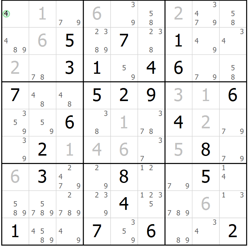 Position des candidats pour la solution de la Gr 74 page 77 du magazine de sudoku Maestro n° 094