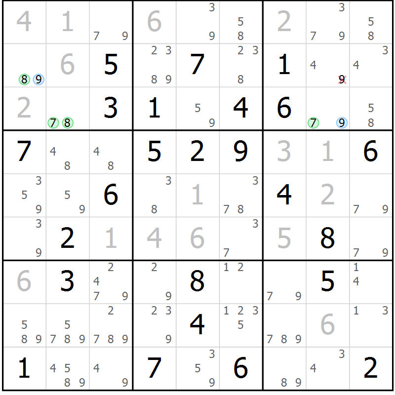 Position des candidats pour la solution de la Gr 74 page 77 du magazine de sudoku Maestro n° 094