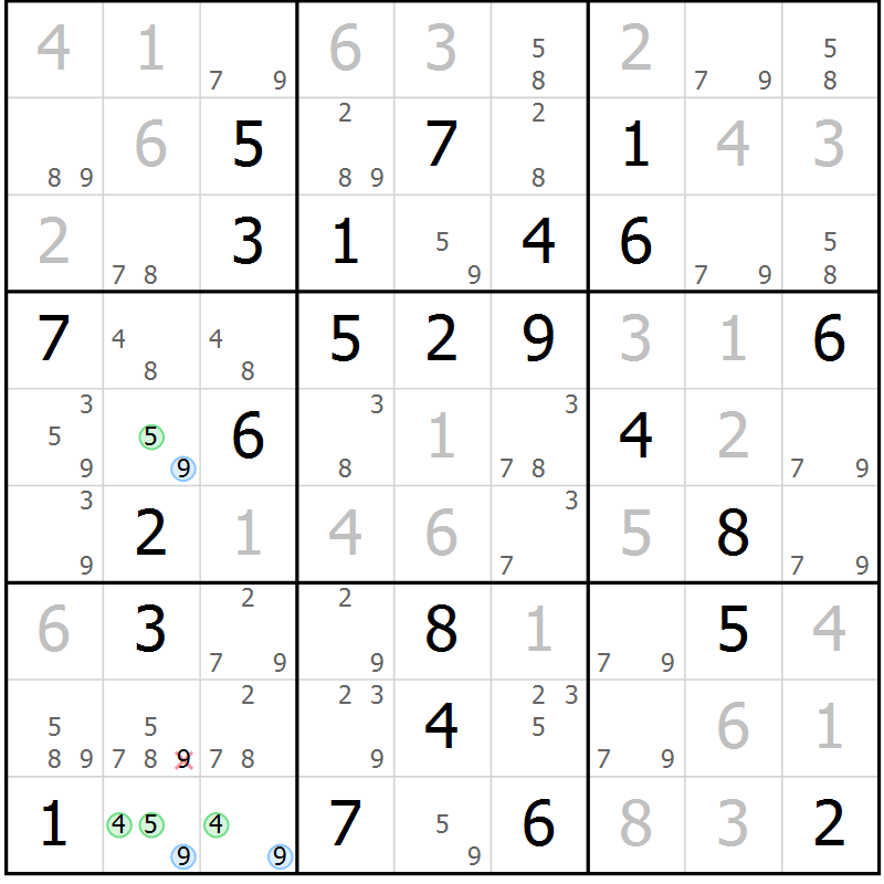 Position des candidats pour la solution de la Gr 74 page 77 du magazine de sudoku Maestro n° 094