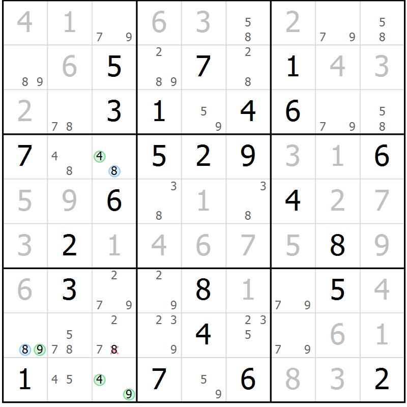 Position des candidats pour la solution de la Gr 74 page 77 du magazine de sudoku Maestro n° 094