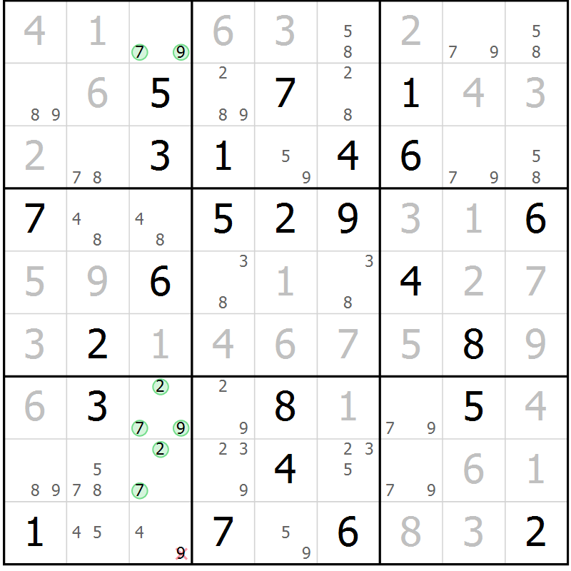 Position des candidats pour la solution de la Gr 74 page 77 du magazine de sudoku Maestro n° 094