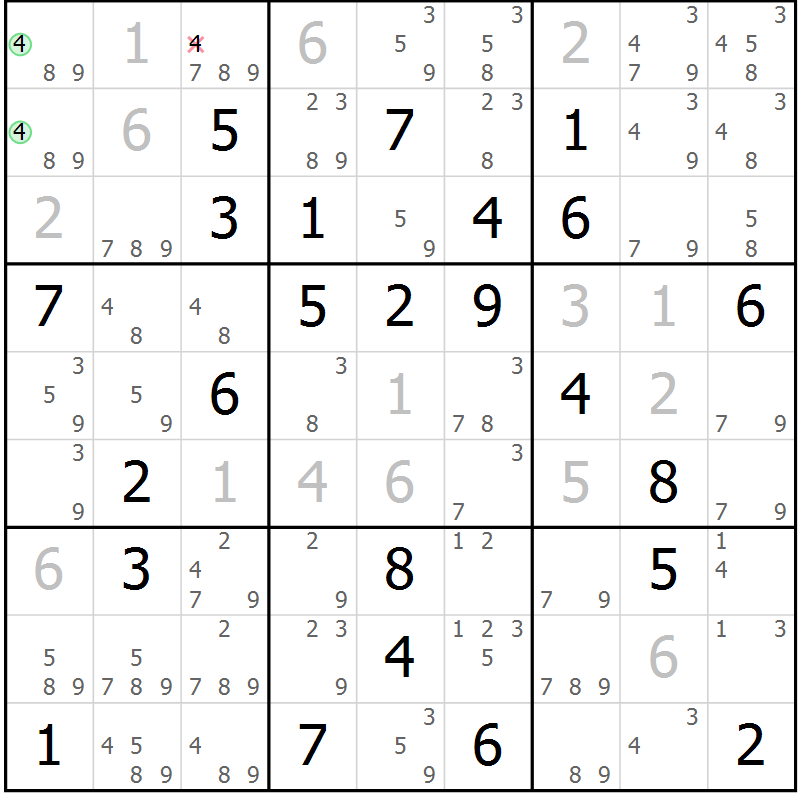 Position des candidats pour la solution de la Gr 74 page 77 du magazine de sudoku Maestro n° 094