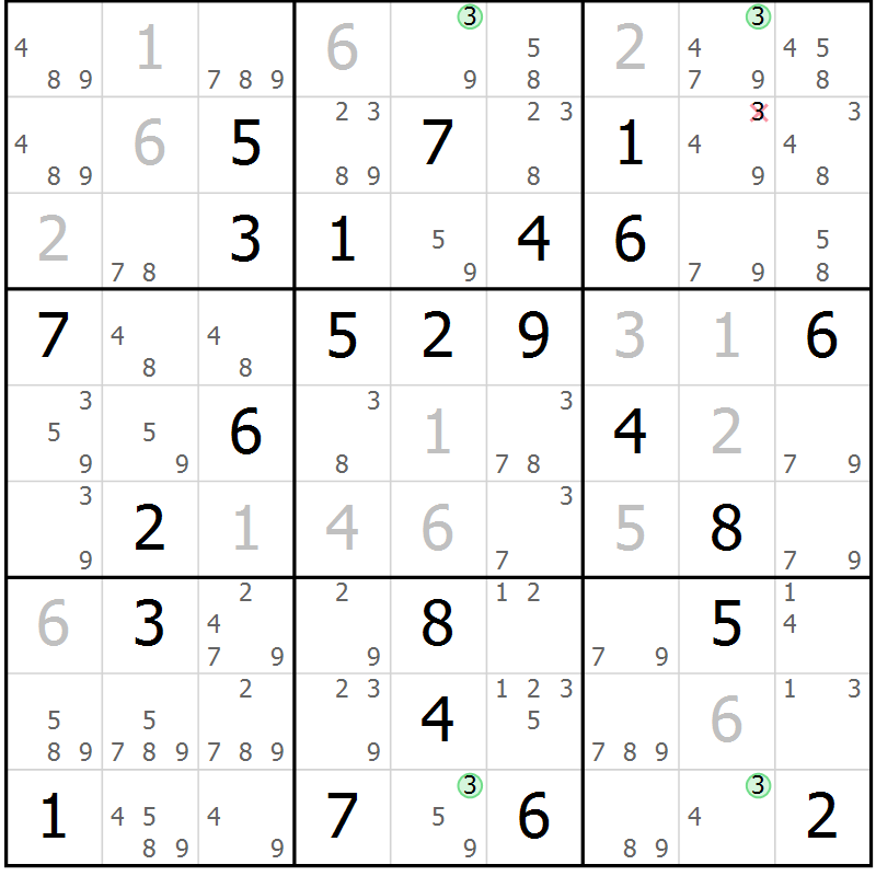 Position des candidats pour la solution de la Gr 74 page 77 du magazine de sudoku Maestro n° 094
