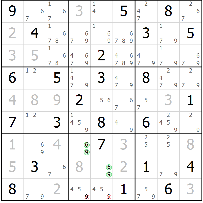Position des candidats pour la solution de la Gr 75 page 78 du magazine de sudoku Maestro n° 094