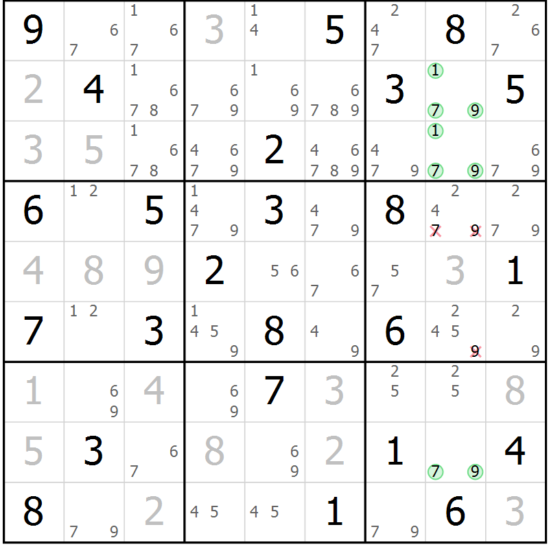Position des candidats pour la solution de la Gr 75 page 78 du magazine de sudoku Maestro n° 094