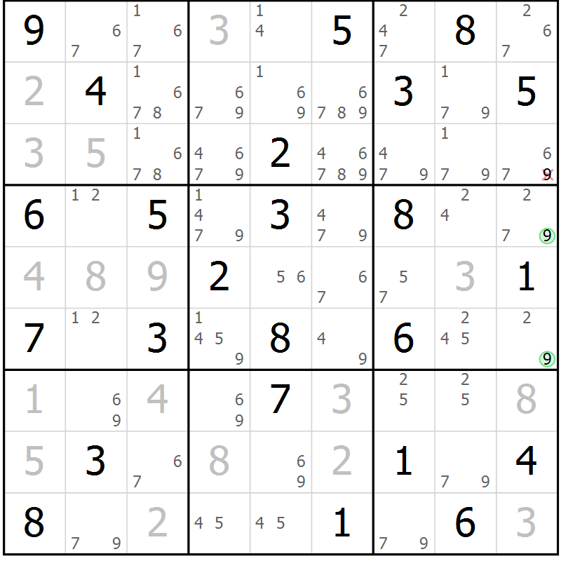 Position des candidats pour la solution de la Gr 75 page 78 du magazine de sudoku Maestro n° 094