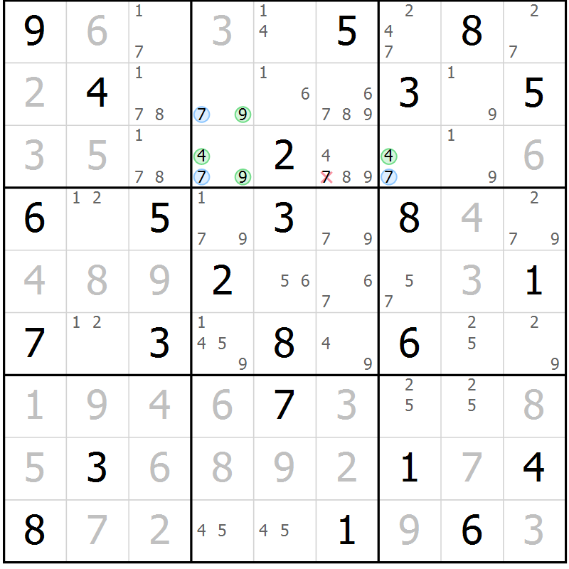 Position des candidats pour la solution de la Gr 75 page 78 du magazine de sudoku Maestro n° 094