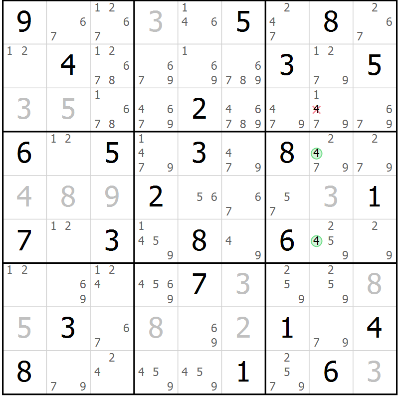 Position des candidats pour la solution de la Gr 75 page 78 du magazine de sudoku Maestro n° 094