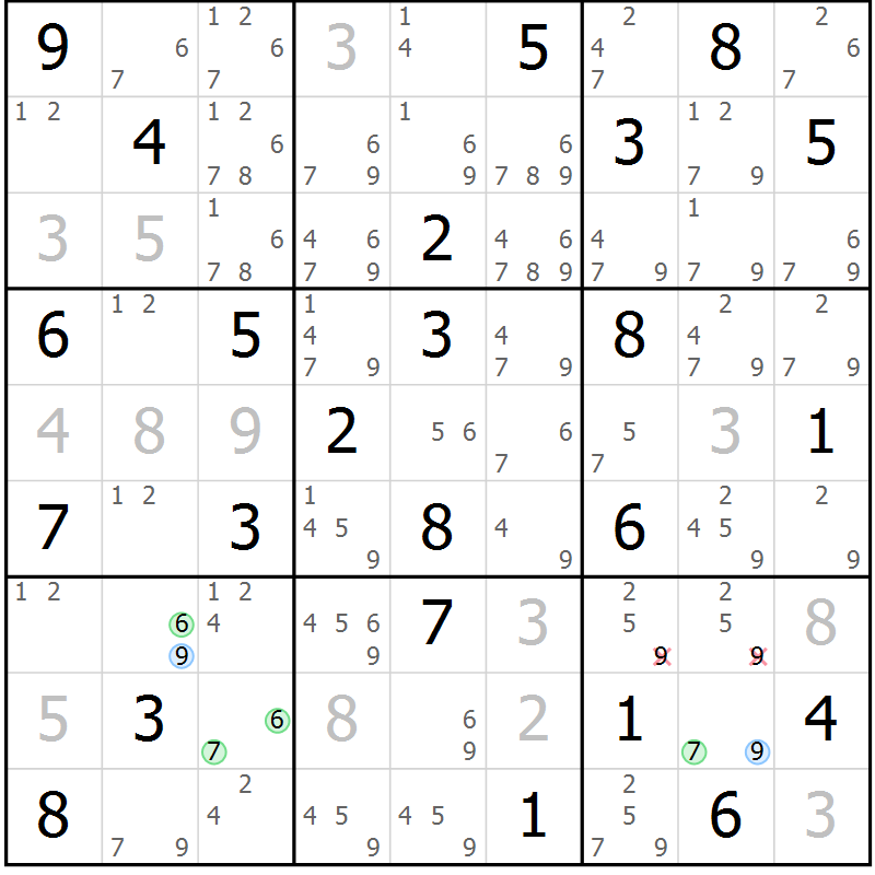 Position des candidats pour la solution de la Gr 75 page 78 du magazine de sudoku Maestro n° 094
