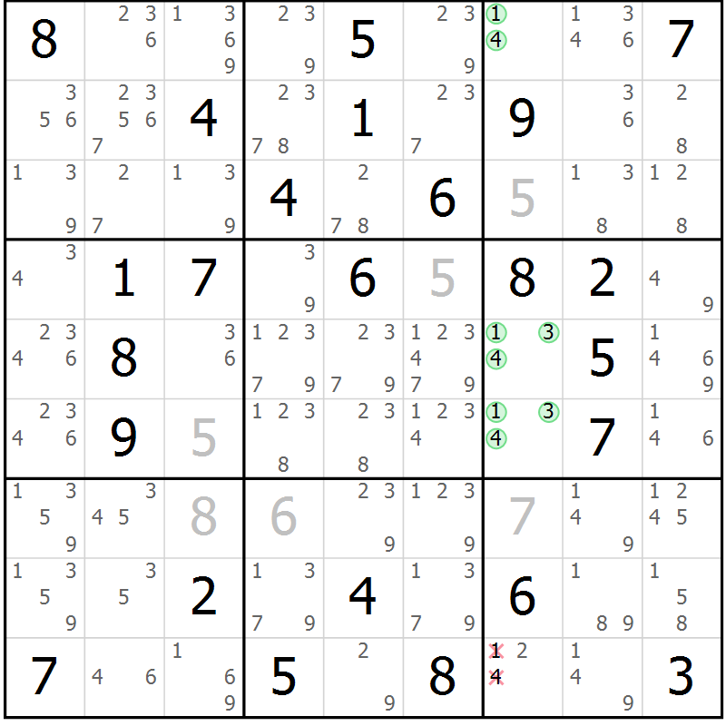 Position des candidats pour la solution de la Gr 76 page 79 du magazine de sudoku Maestro n° 094