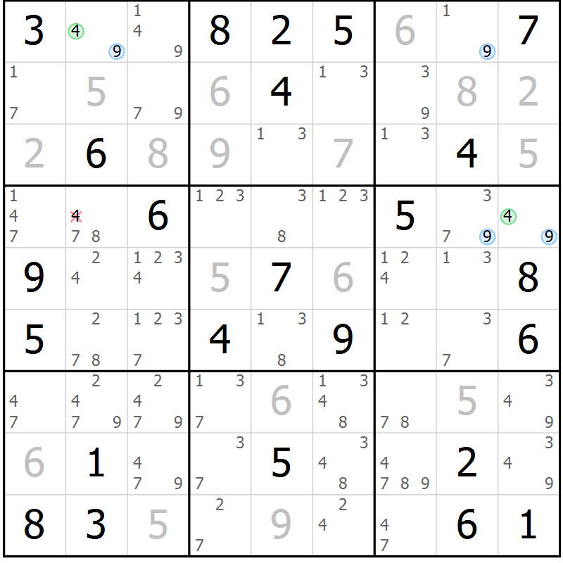 Position des candidats pour la solution de la Gr 77 page 80 du magazine de sudoku Maestro n° 094