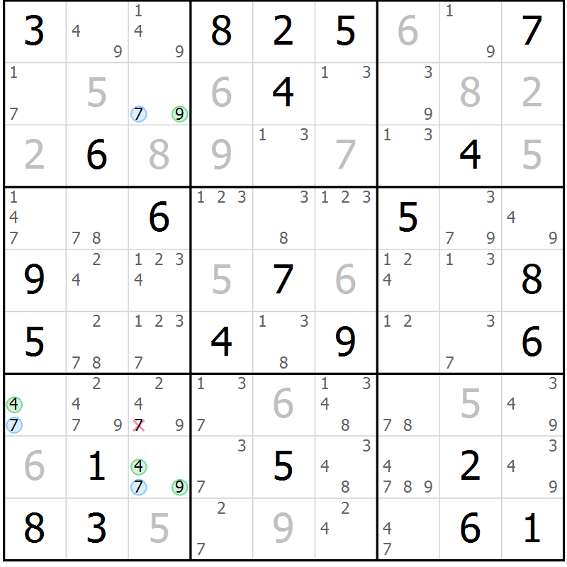 Position des candidats pour la solution de la Gr 77 page 80 du magazine de sudoku Maestro n° 094