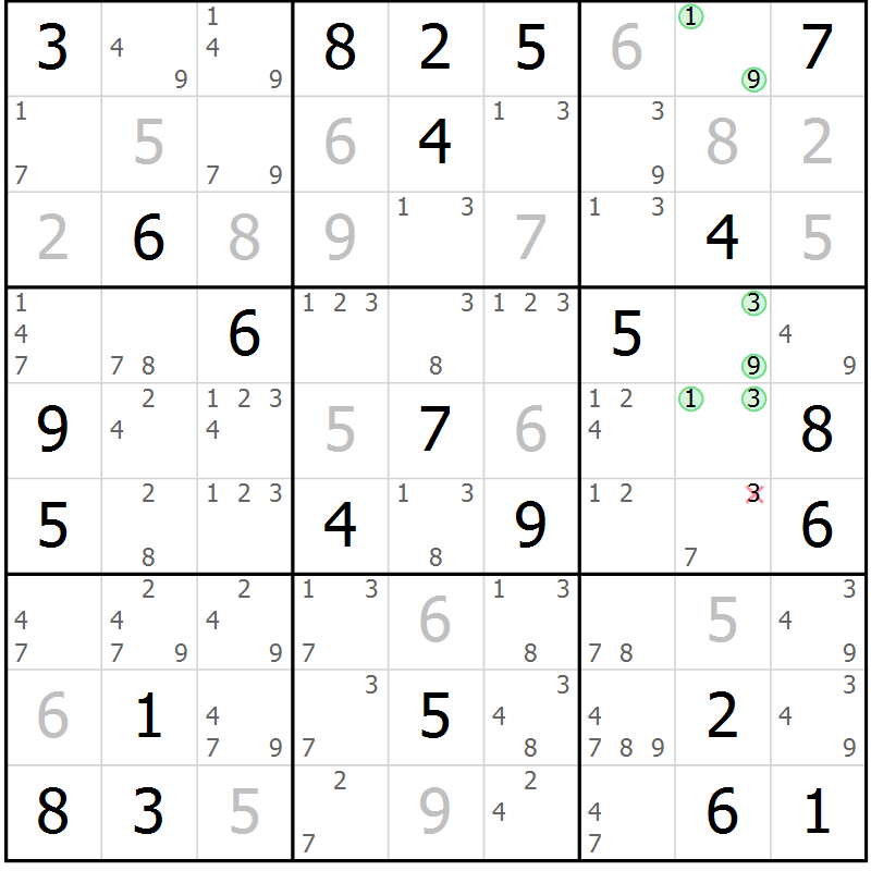 Position des candidats pour la solution de la Gr 77 page 80 du magazine de sudoku Maestro n° 094