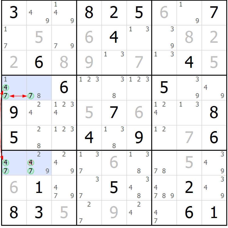 Position des candidats pour la solution de la Gr 77 page 80 du magazine de sudoku Maestro n° 094