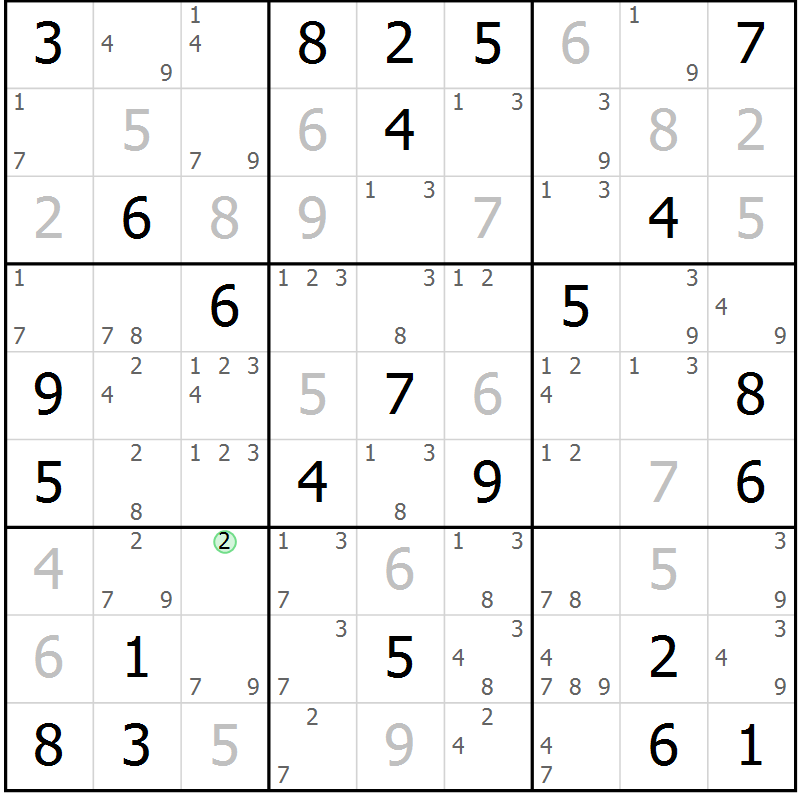 Position des candidats pour la solution de la Gr 77 page 80 du magazine de sudoku Maestro n° 094