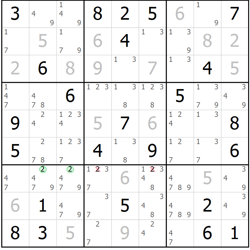 Position des candidats pour la solution de la Gr 77 page 80 du magazine de sudoku Maestro n° 094