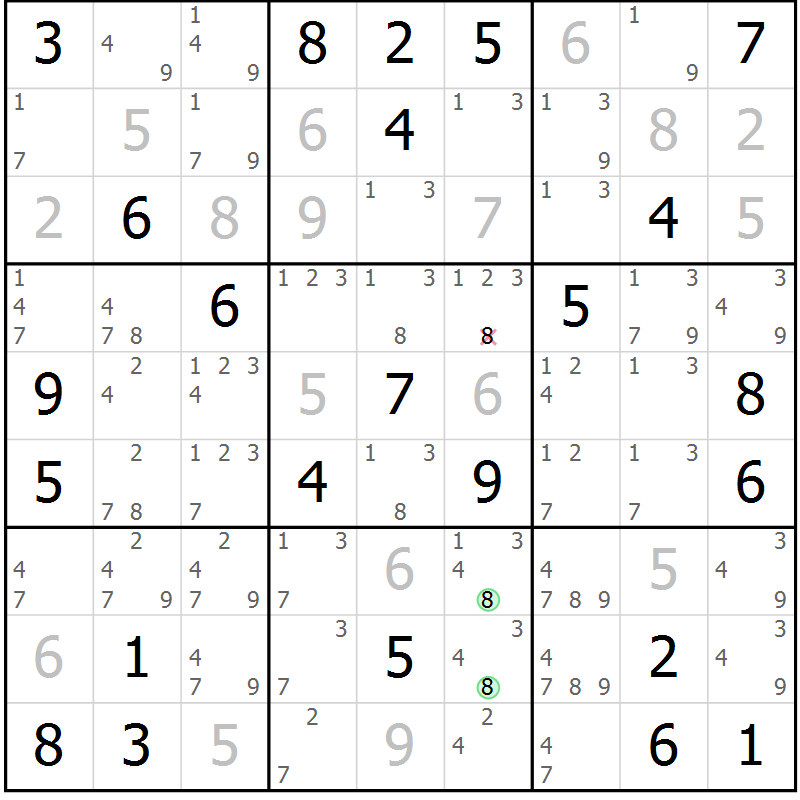 Position des candidats pour la solution de la Gr 77 page 80 du magazine de sudoku Maestro n° 094