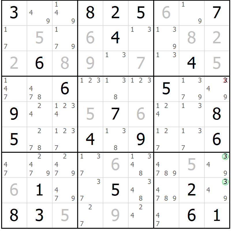Position des candidats pour la solution de la Gr 77 page 80 du magazine de sudoku Maestro n° 094