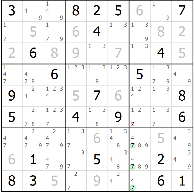 Position des candidats pour la solution de la Gr 77 page 80 du magazine de sudoku Maestro n° 094