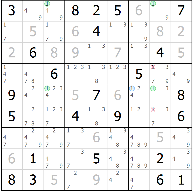 Position des candidats pour la solution de la Gr 77 page 80 du magazine de sudoku Maestro n° 094