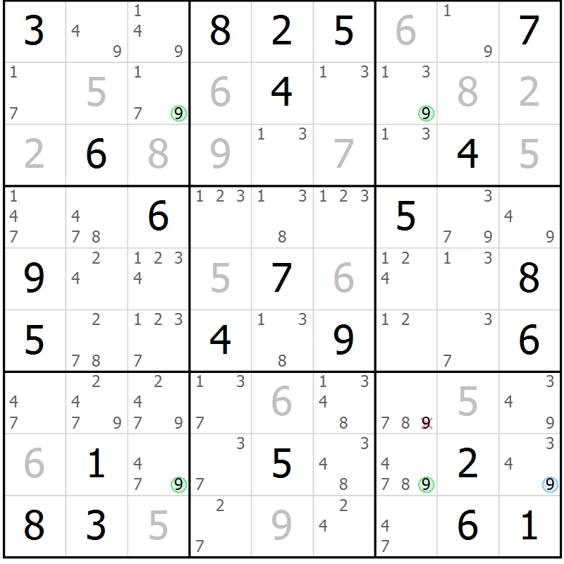 Position des candidats pour la solution de la Gr 77 page 80 du magazine de sudoku Maestro n° 094