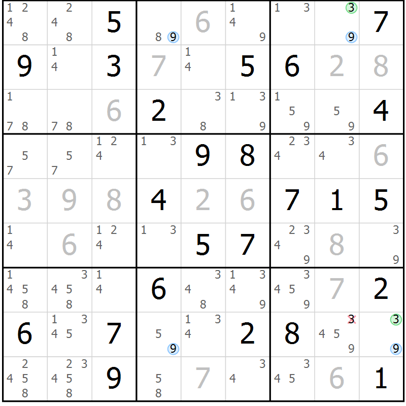 Position des candidats pour la solution de la Gr 78 page 81 du magazine de sudoku Maestro n° 094
