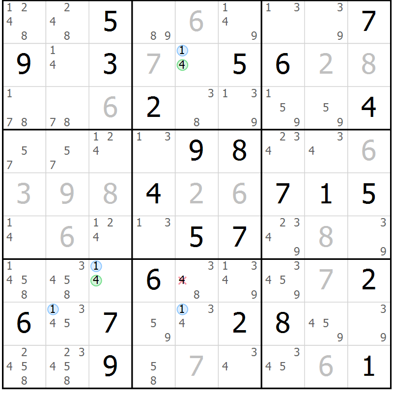 Position des candidats pour la solution de la Gr 78 page 81 du magazine de sudoku Maestro n° 094