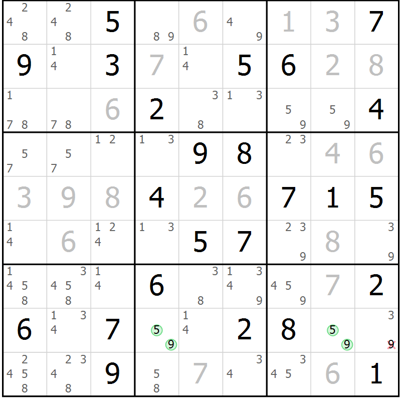 Position des candidats pour la solution de la Gr 78 page 81 du magazine de sudoku Maestro n° 094