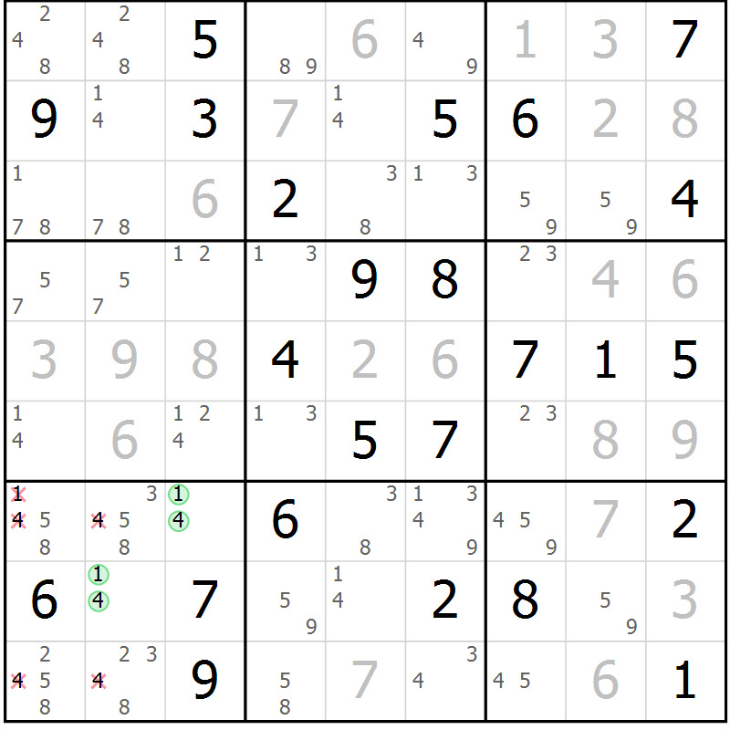 Position des candidats pour la solution de la Gr 78 page 81 du magazine de sudoku Maestro n° 094