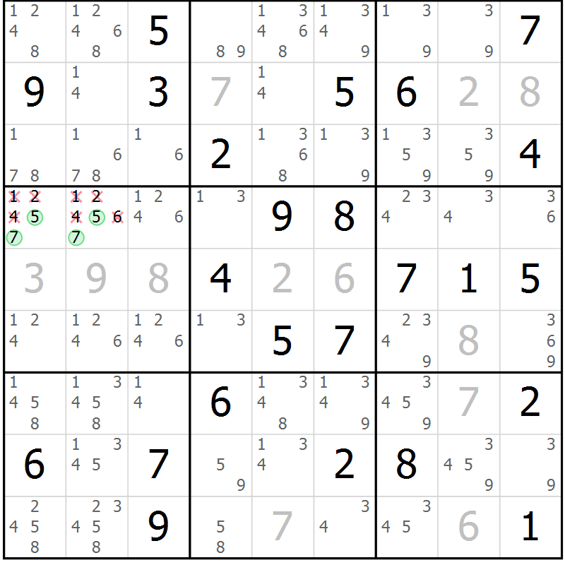 Position des candidats pour la solution de la Gr 78 page 81 du magazine de sudoku Maestro n° 094